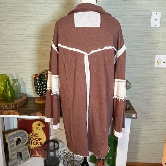 POL Open Front Long Cardigan Brown Cream Pockets Long Sleeve Womens Size Medium - Picture 5 of 8